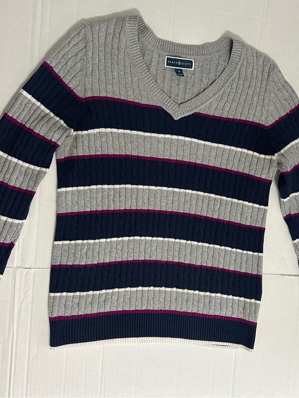 Karen Scott V-Neck Ribbed Stripe Sweater in Gray, Navy & Pink